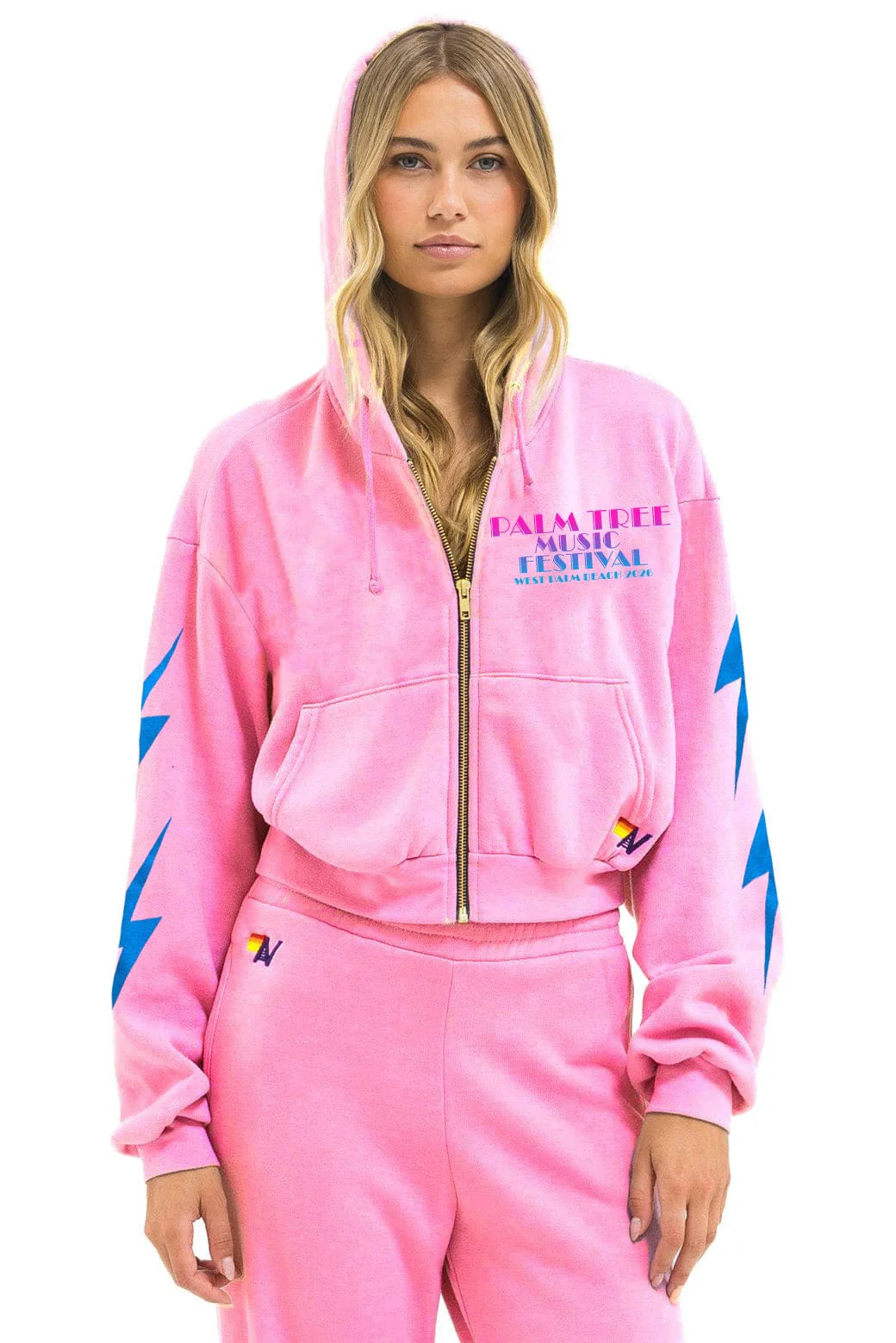 PALM TREE FEST WEST PALM 2026 CROPPED ZIP HOODIE RELAXED - NEON PINK